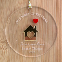 Load image into Gallery viewer, Our First Christmas Personalised Bauble with heart house, Stocking/Gift Tag