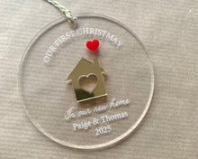 Load image into Gallery viewer, Our First Christmas Personalised Bauble with heart house, Stocking/Gift Tag