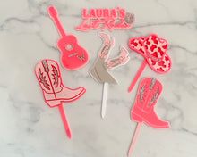 Load image into Gallery viewer, Cowgirl Boots in the air Acrylic Cake Charm/ Topper