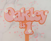 Load image into Gallery viewer, 5'' Oakley is 1 Groovy Retro Hippie Flower Power Cake Topper - Made in the UK with Love from House of Toot Sweet - Just £7.50! Shop now at House of Toot Sweet