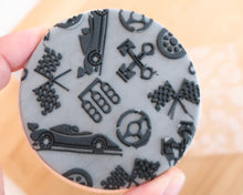 Load image into Gallery viewer, Racing Car Mad Pizza Platter Fondant Cookie Embosser / Cutter