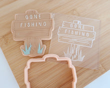 Load image into Gallery viewer, Gone Fishing Sign Fondant Cookie Embosser / Cutter - Made in the UK with Love from House of Toot Sweet - Just £6.50! Shop now at House of Toot Sweet