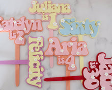 Load image into Gallery viewer, Groovy Retro Hippie Flower Power Personalised Name Cake Topper - Made in the UK with Love from House of Toot Sweet - Just £13! Shop now at House of Toot Sweet