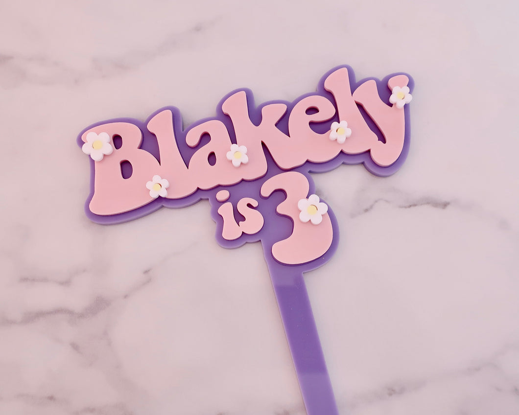 5'' Blakely is 3 Groovy Retro Hippie Flower Power Cake Topper - Made in the UK with Love  from House of Toot Sweet - Just £7.50! Shop now at House of Toot Sweet